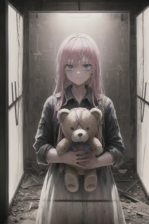 1girl, pink hair, blue eyes, (cowboy_shot:1.2), face focus, long hair, sidelocks, scared,(terrified:1.1) expression, holding teddy bear, atmospheric lighting, moody, darkness, in an old abandoned museum, transparent glass display cases filled with interesting objects, dusty, post-apocalypse, cobwebs, superb, beautiful 8k wallpaper, extremely detailed, intricate
