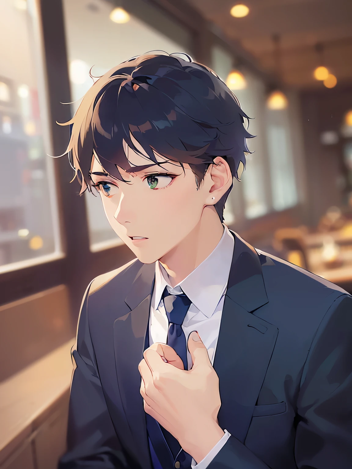 side angle, (looking away:1.5), Close-up of your face、shiny skin, masterpiece、Highest quality、(25-year-old male:1.5) and (Brown short hair) and (Green Eyes), BREAK (Wearing a navy blue suit:1.3) and (Blue tie) BREAK、Are standing、(surprised:1.3)、The background is the interior of a restaurant at night.、(Alone:1.5)、Upper body is shown、