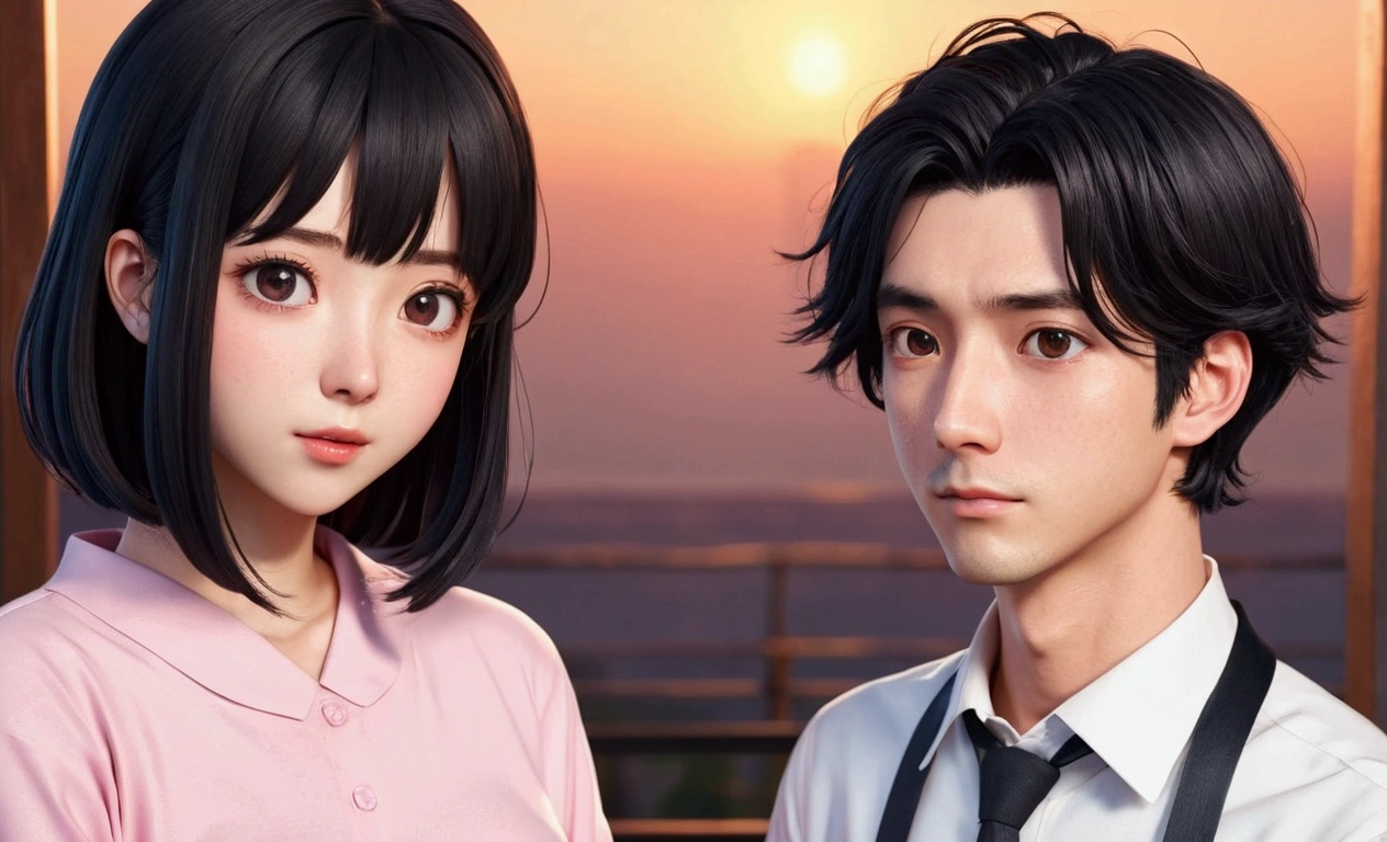 Anime Style、men and women、２people、The man has black hair、Her hair is light pink、The woman&#39;s hairstyle is bob、Private Server、hug、The woman is embarrassed、Overall view、Facing each other、Surprised