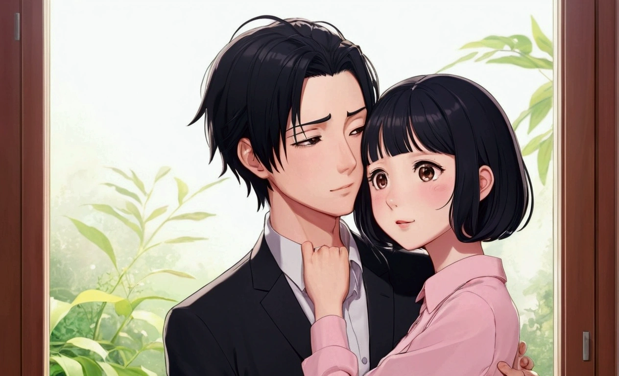 Anime Style、men and women、2people、The man has black hair、Her hair is light pink、The woman's hairstyle is bob、Private Server、hug、The woman is embarrassed、Overall view、Facing each other、Surprised