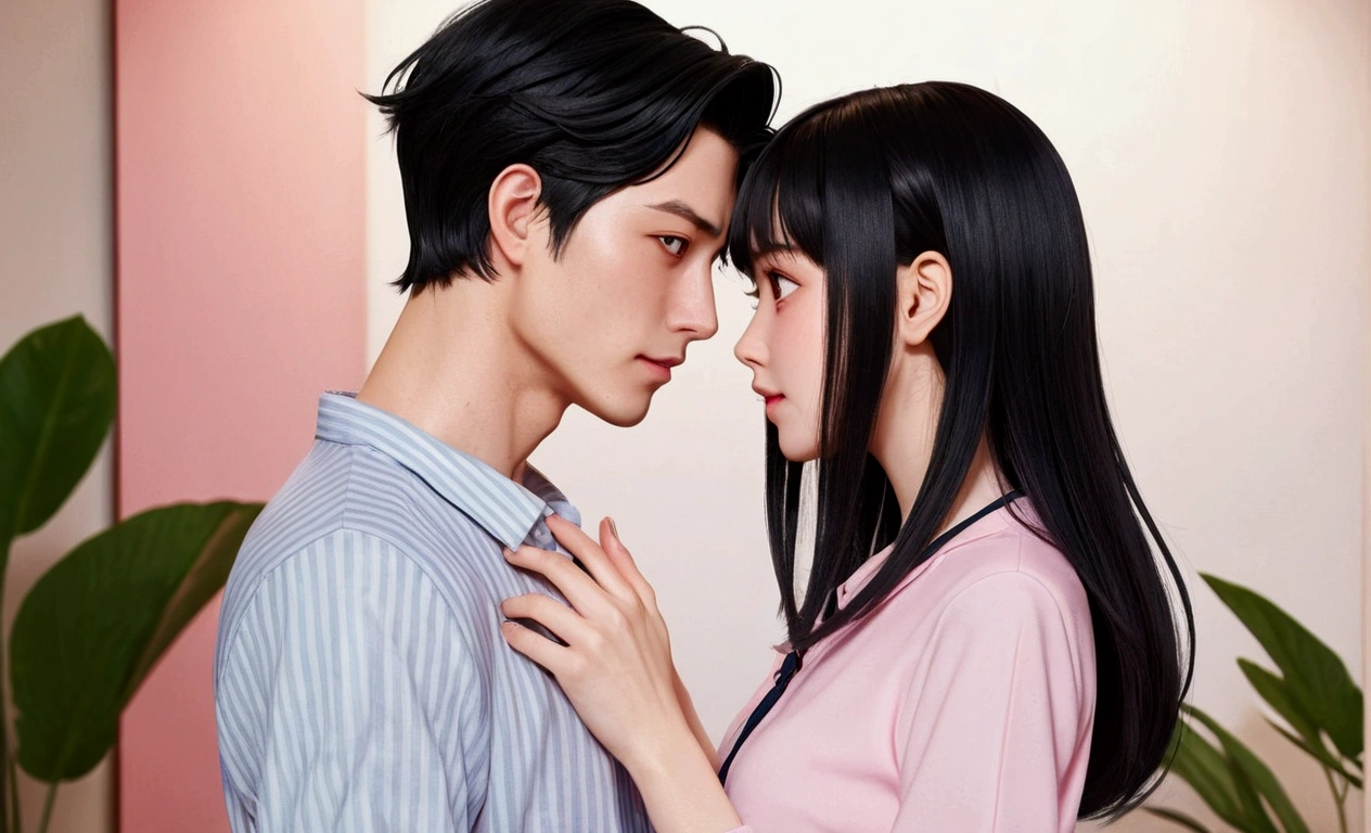 Anime Style、men and women、2people、The man has black hair、Her hair is light pink、The woman's hairstyle is bob、Private Server、hug、The woman is embarrassed、Overall view、Facing each other、Surprised