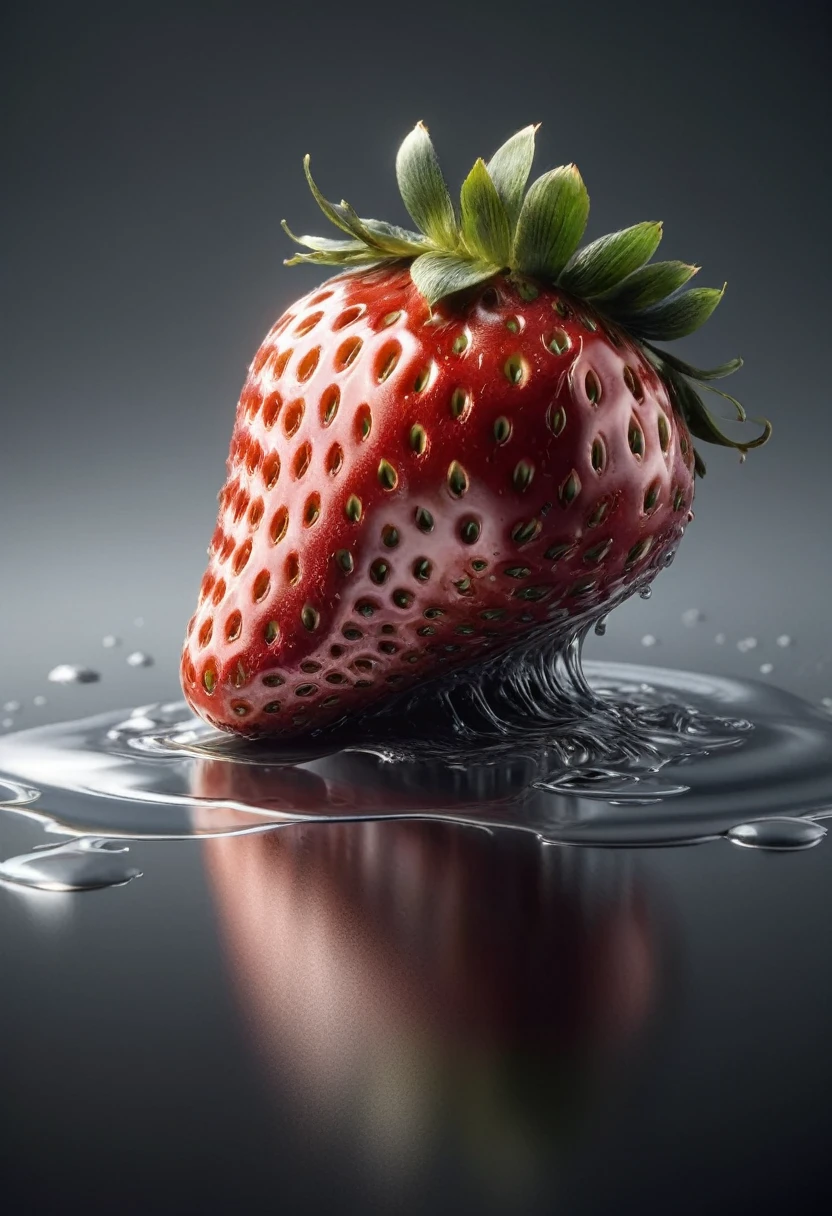 (mercury composed of one Colorful strawberry :1.8)rising from a puddle of liquid mercury, one strawberry cut in half, we see the inside of the strawberry, extremely shiny, smooth surface texture, polished surface, reflective, 45 degrees angle from the front, tesselation ral-chrome, Photorealistic, Hyperrealistic, Hyperdetailed, analog style, detailed skin, matte skin, soft lighting, subsurface scattering, realistic, heavy shadow, masterpiece, best quality, ultra realistic, 8k, Intricate, High Detail, film photography, soft focus