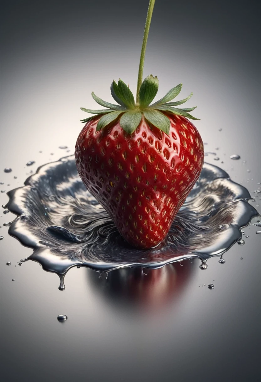 (mercury composed of one Colorful strawberry :1.8)rising from a puddle of liquid mercury, one strawberry cut in half, we see the inside of the strawberry, extremely shiny, smooth surface texture, polished surface, reflective, 45 degrees angle from the front, tesselation ral-chrome, Photorealistic, Hyperrealistic, Hyperdetailed, analog style, detailed skin, matte skin, soft lighting, subsurface scattering, realistic, heavy shadow, masterpiece, best quality, ultra realistic, 8k, Intricate, High Detail, film photography, soft focus