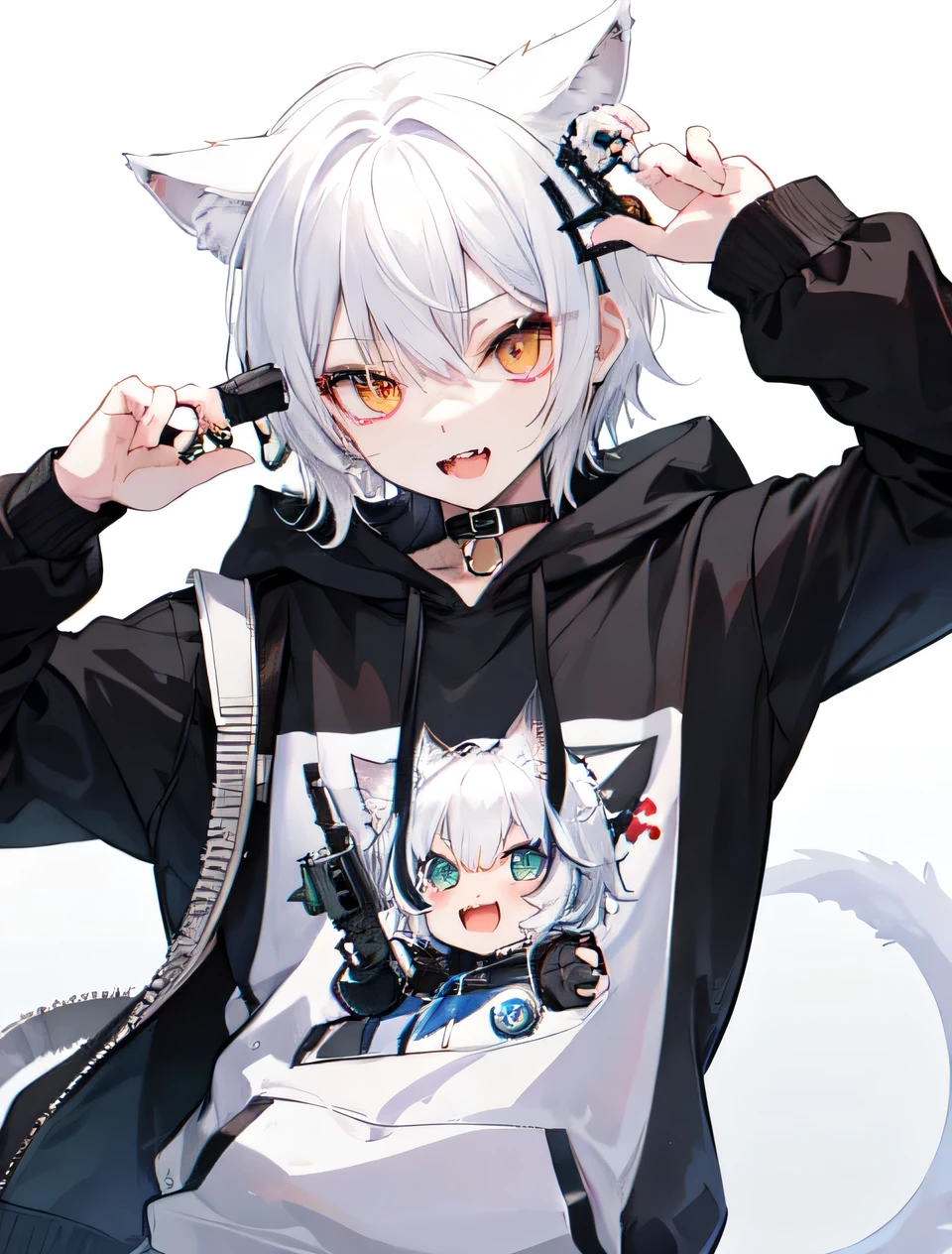 Chibi Catboy, Fangs Showing, Ultra-detailed Ice-colored Dragon Eyes, Eye-focus, Snow-White Hair, Head Shot, Cute Expression, Tight Hoodie, sunglasses, holding gun, handgun, Plain Background