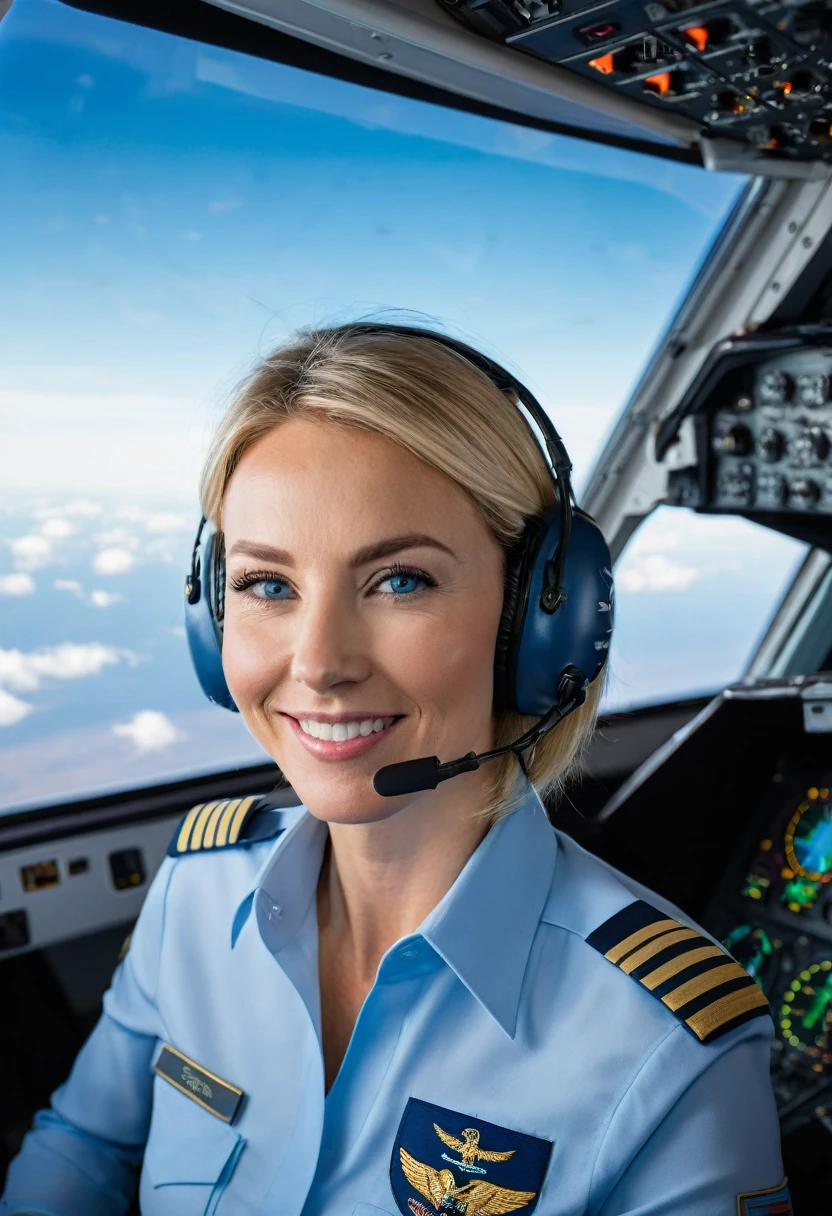 8K quality, ultra-high definition, inside the cockpit of a Boeing 787 during flight, female pilot, blonde mature woman, blonde medium bob with volume set on the sides, sharp jawline, intelligent and gorgeous impression, she is the captain of a Boeing 787, wearing the white uniform of an airline pilot captain, sitting in the pilot's seat and looking towards us, beautiful blue eyes, long eyelashes and intelligent eyes, she is slim and tall, smiling at the camera, the background is inside the cockpit, the blue sky during the flight can be seen from the window, the shadows are deep, the light is coming in from the side, the camera rotates the captain's seat towards the camera to capture her whole body with her legs crossed, she is wearing blue pants and low-heeled pumps.