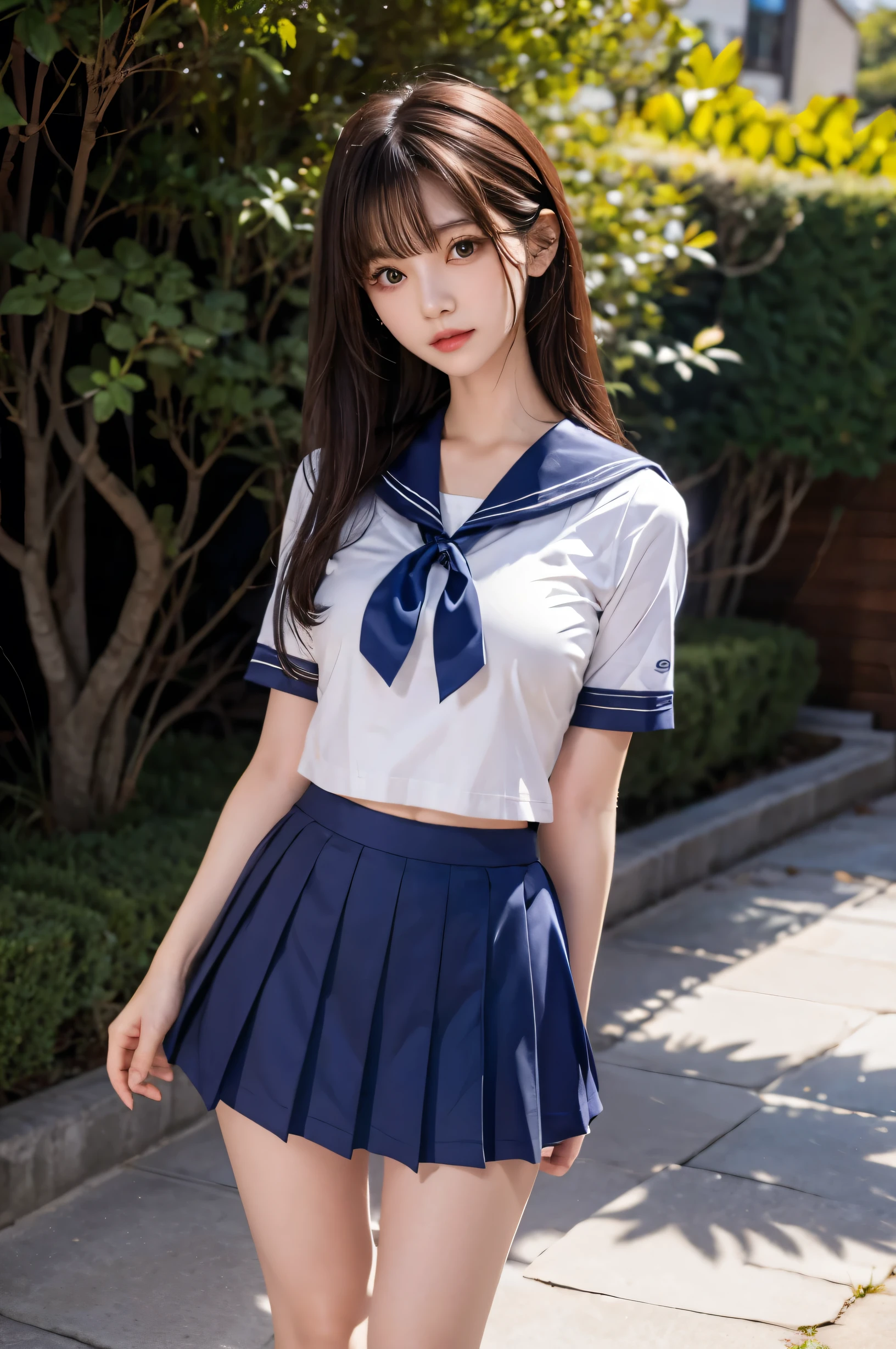 (Ultra HD), (Short-sleeved sailor uniform, Navy blue mini skirt), Big Breasts, slender, whole body, Standing posture, (Clean and shiny skin, Whitening, No makeup), (Super slim face, Super beautiful face), (semi-long, Layered Cut, Fluffy hair), (double eyelid, Slanted Eyes), Small Nose, Thin lips, Thin legs, school gate