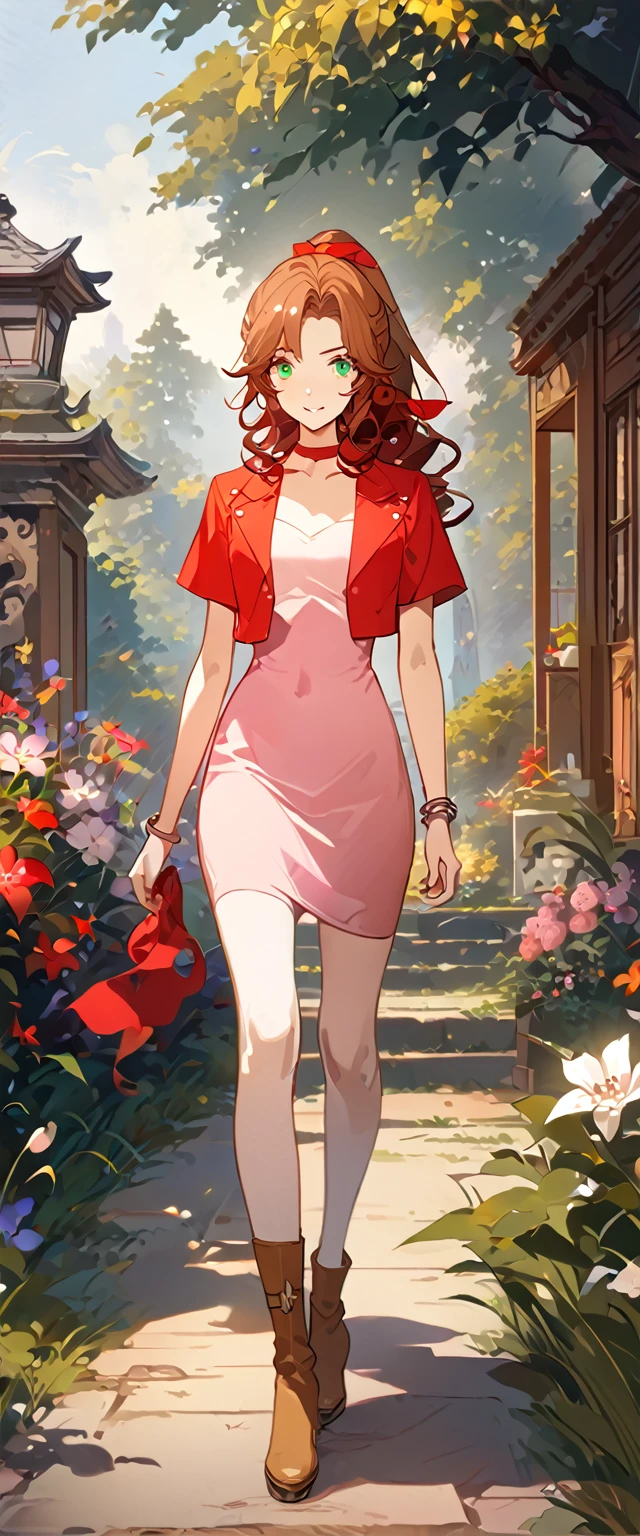 masterpiece, best quality, 8k, 4k, 1girl, aerith gainsborough, brown hair, high middle bang, longer side curly bang, long tight curly ponytail, green eyes, red hair ribbon, red bolero jacket, short sleeve jacket, cropped jacket, black tie choker, long pink straight dress, brown boots, bangles, walking in a garden, flowers, detailed background,, inspired by Asukaziye artist : ask, art style : ask