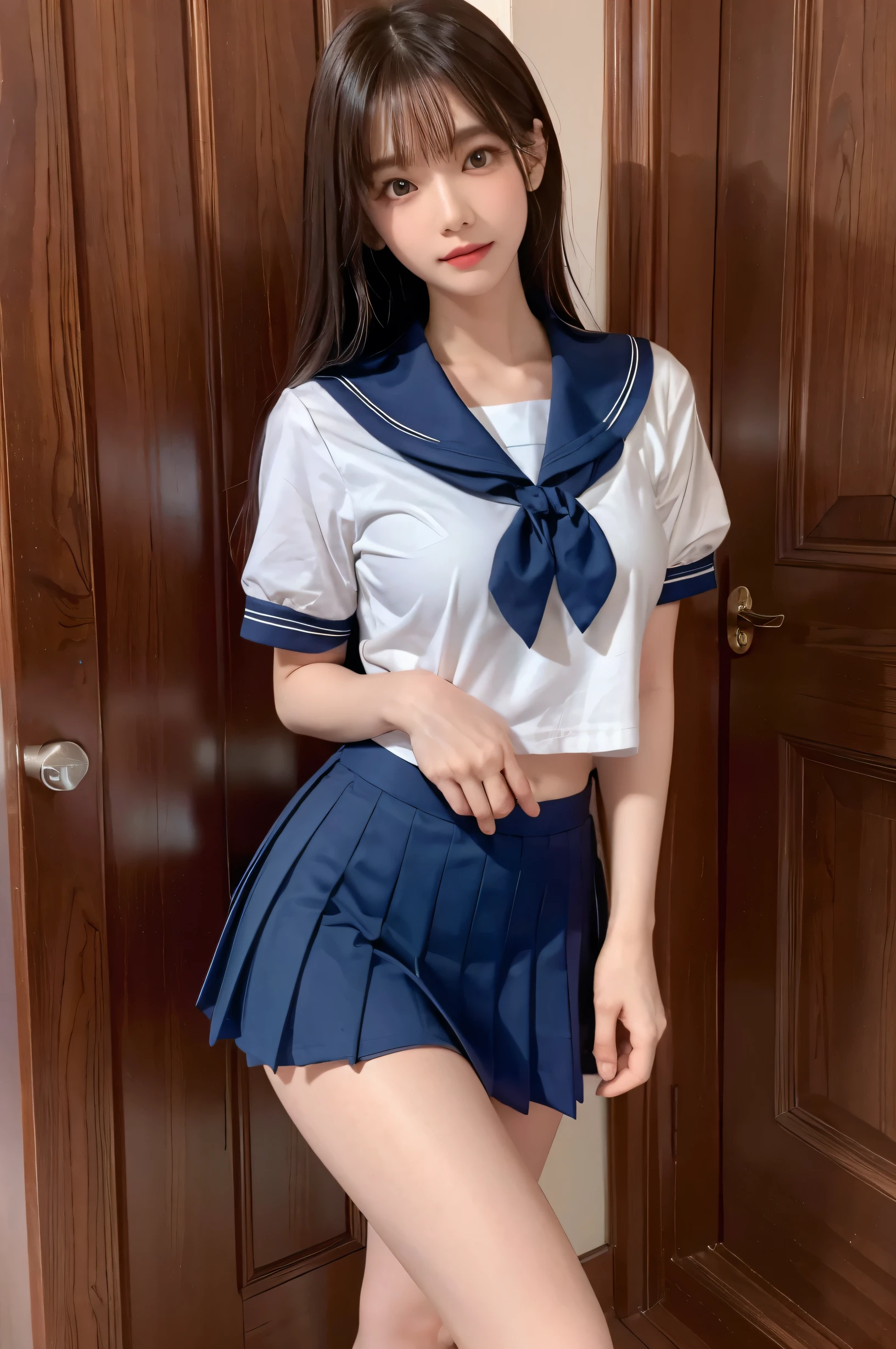 (Ultra HD), (Short-sleeved sailor uniform, Navy blue mini skirt), Big Breasts, slender, whole body, Standing posture, (Clean and shiny skin, Whitening, No makeup), (Super slim face, Super beautiful face), (semi-long, Layered Cut, Fluffy hair), (double eyelid, Slanted Eyes), Small Nose, Thin lips, Thin legs, school gate