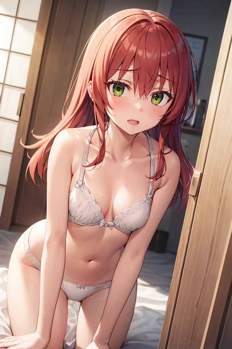 room, 1 Girl, Highest quality, Ultra-high resolution, Long Hair, Redhead, Green Eyes,Western-style room、(((Lie face up on the bed:1.3、Spread your legs wide、Knee Up)))、(((Gesture of removing the bra)))、Pink Bra、Pink Panties, Looking at the audience, Small breasts , smile, Open your mouth