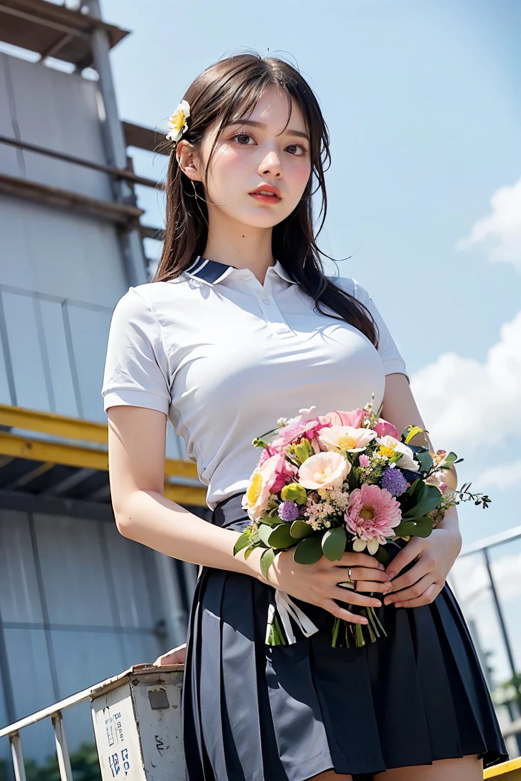 Masterpiece, bokeh, (Beautiful face), (Detailed face), (Japanese idle), (White polo shirt:1.3), (Dark blue Pleated skirt:1.3), (Blushed face:1.3), (Plump breast:1.2), (Holding flower bouquet on Steel bridge in construction site:1.5), (From below:1.5), (solo play:1.3)