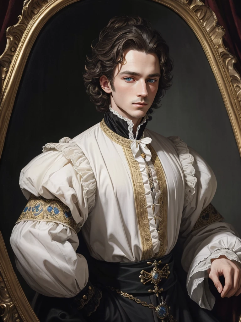 Portrait of Kit Marlowe, Elizabethan era, lavish clothes, black velvet doublet with Flemish laces and gold buttons, white shirt, white skin, piercing blue eyes, clean shaved, masterpiece, oil painting, realism, high quality, 4K