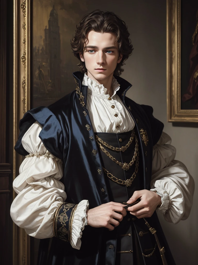 Portrait of Kit Marlowe, Elizabethan era, lavish clothes, black velvet doublet with Flemish laces and gold buttons, white shirt, white skin, piercing blue eyes, clean shaved, masterpiece, oil painting, realism, high quality, 4K