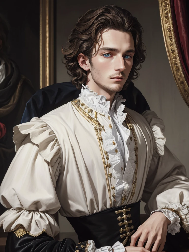 Portrait of Kit Marlowe, Elizabethan era, lavish clothes, black velvet doublet with Flemish laces and gold buttons, white shirt, white skin, piercing blue eyes, clean shaved, masterpiece, oil painting, realism, high quality, 4K