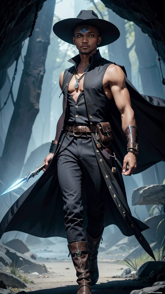 D&D art,(wide Shot) a striking and charismatic male drow with bald head, flat ears and bluish jet black skin in a cave. He is slim, muscular and handsome. His red eyes are sharp and alert, a magical jeweled eye-patch hides his left eye. in his hand carries a large, flat, wide-brimmed hat with a striking, colorful emu feather that shimmers in all colors., .His clothing is colorful and extravagant and consists of a striking vest and trousers. He wears magical knee-high boots, a magical belt with a storage bag and two daggers in it. . His entire appearance is impressive.--ar 9:16 , -- Chaos 100.