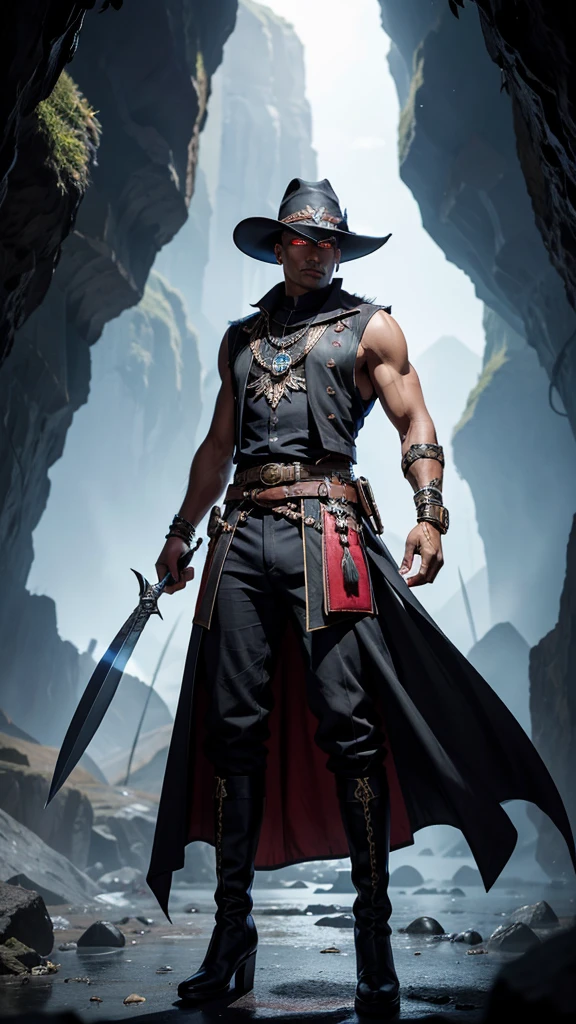 D&D art,(wide Shot) a striking and charismatic male drow with bald head, flat ears and bluish jet black skin in a cave. He is slim, muscular and handsome. His red eyes are sharp and alert, a magical jeweled eye-patch hides his left eye. in his hand carries a large, flat, wide-brimmed hat with a striking, colorful emu feather that shimmers in all colors., .His clothing is colorful and extravagant and consists of a striking vest and trousers. He wears magical knee-high boots, a magical belt with a storage bag and two daggers in it. . His entire appearance is impressive.--ar 9:16 , -- Chaos 100.