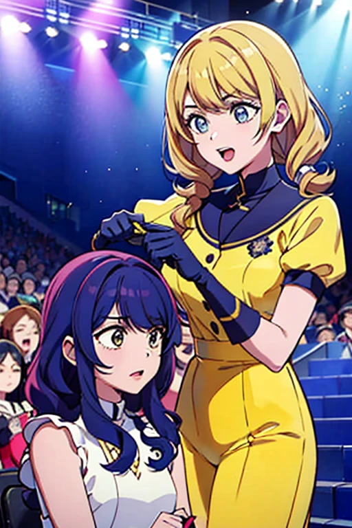 beautician,Idol,10th Generation,girl,Yellow outfit,Scissor case,Barber scissors,Curling irons,comb,stage,sing,A packed audience,performance,ヘアスタイリストIdol