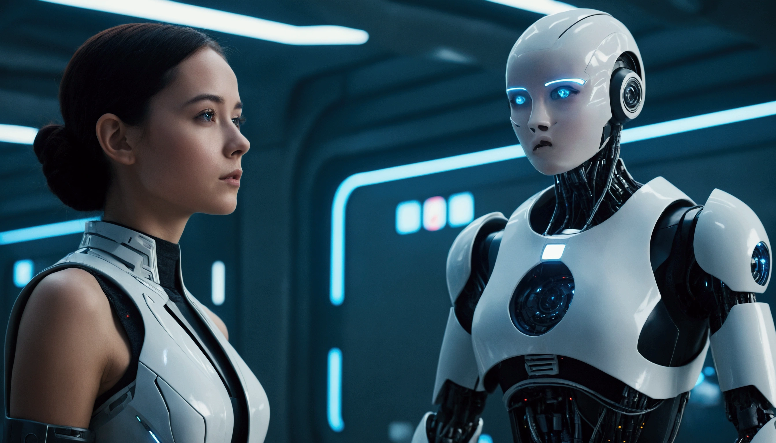 a young woman wearing futuristic outfits, Next to him is a robot that looks worn out., in the background a futuristic scene, sci-fi styled