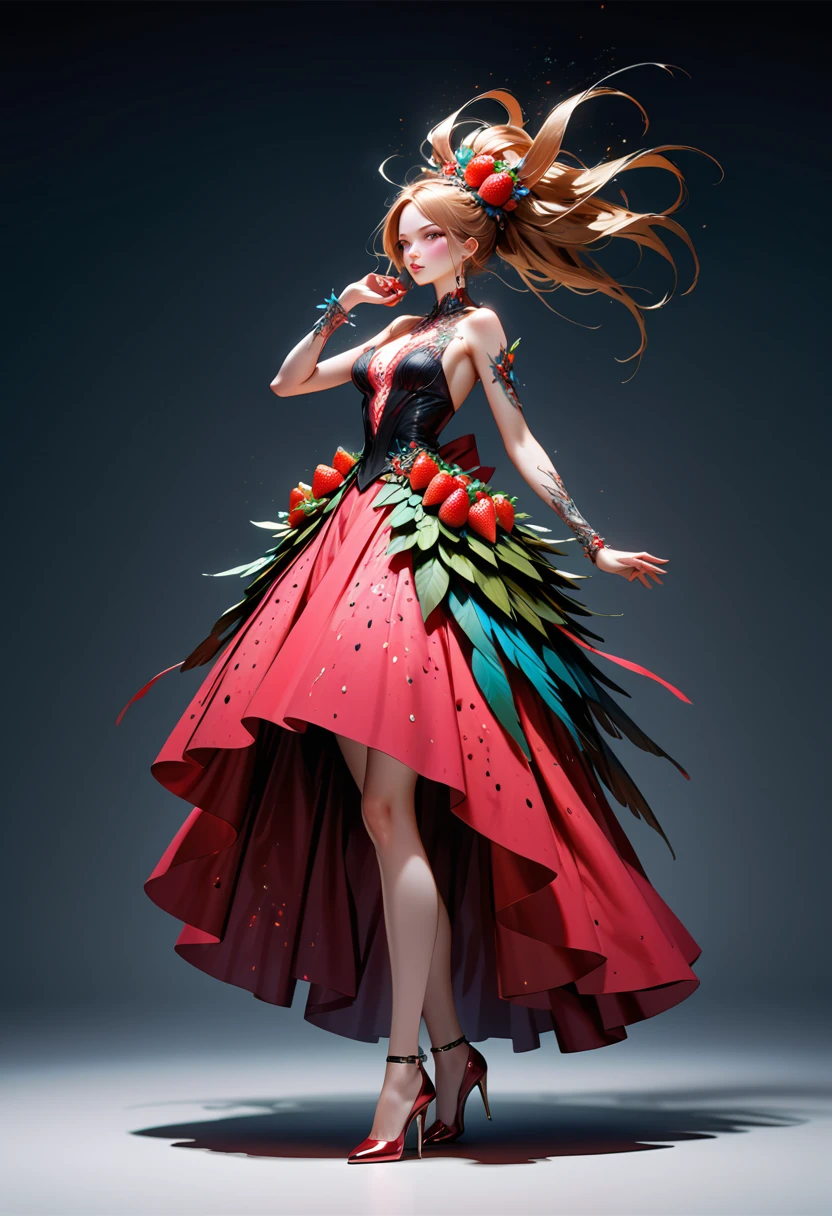 a portrait of  an exotic, elegant beautiful mecha woman eating an epic, (legendary strawberry: 1.3) in cocktail party , ((full body: 1.5)), ((anatomically correct: 1.5)), (ultra detailed face: 1.2), dynamic eye color, glowing eyes, dynamic hair color, dynamic hair style dynamic skin complexion, wearing 1960's glamour intricate dress, high. fashion dress, dynamic color dress , wearing high heels, cocktail party background, vibrant, Ultra-high resolution, High Contrast, (masterpiece:1.5), highest quality, Best aesthetics), best details, best quality, highres, 16k, (ultra detailed: 1.5), masterpiece, best quality, (extremely detailed) RAW, (ultra details, Masterpiece, best quality), Hyperrealism style, MechanicusStyleAI, 