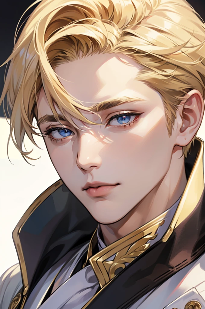 (best quality,4K,8K,high resolution,masterpiece:1.2),Extremely detailed,(Practical,photoPractical,photo-Practical:1.37),30-year-old man,Handsome anime man,portrait,Strong,male, Blonde Hair,Sharp jawline,Charming eyes,Perfectly styled hair,short hair, Cool anime costumes,Confident expression,Vibrant colors,Dynamic Lighting, White of the eyes