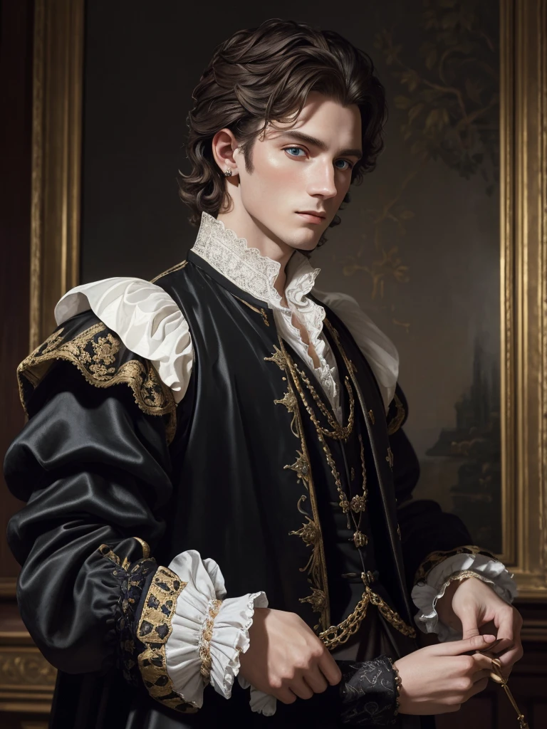 Portrait of Kit Marlowe, Elizabethan era, lavish clothes, black velvet doublet with Flemish laces and gold buttons, white shirt, white skin, piercing blue eyes, clean shaved, masterpiece, oil painting, realism, high quality, 4K