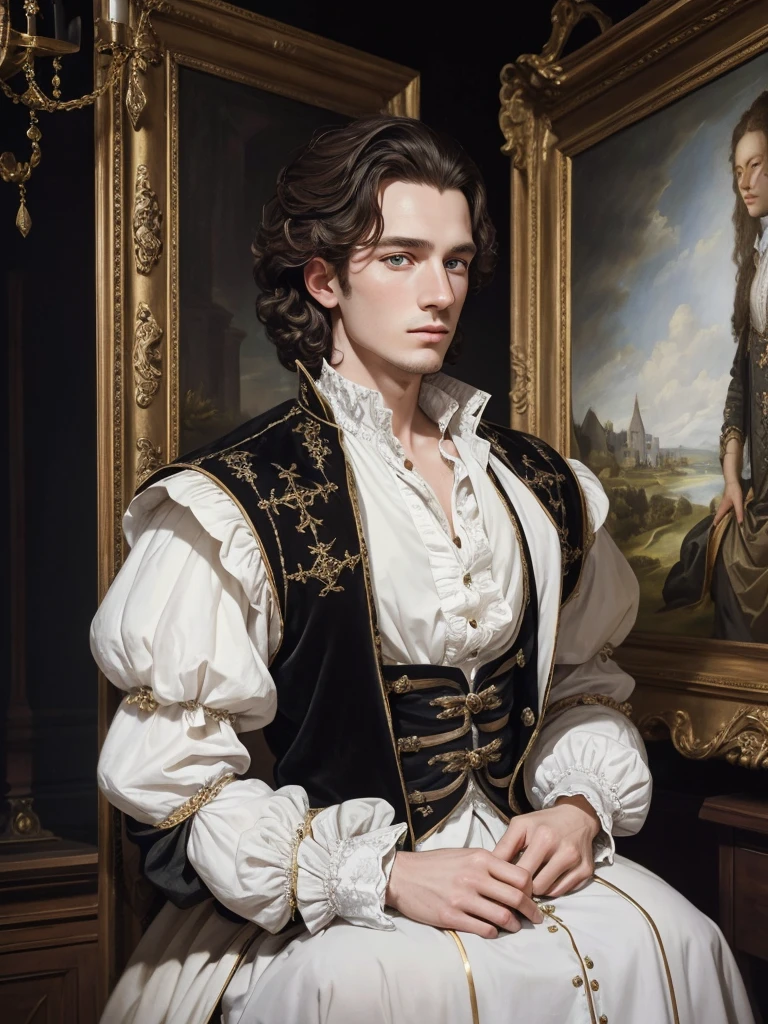 Portrait of Kit Marlowe, Elizabethan era, lavish clothes, black velvet doublet with Flemish laces and gold buttons, white shirt, white skin, piercing blue eyes, clean shaved, masterpiece, oil painting, realism, high quality, 4K