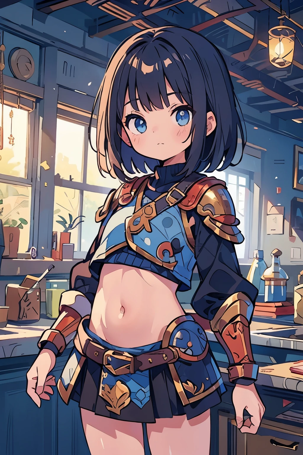 age Girls、Young、child、belly button、stomach、Serious expression、(Closed Mouth:1.1)、(Fantasy:1.2)、(Warrior:1.2)、(armor:1.1)、skirt、Beautiful Eyes