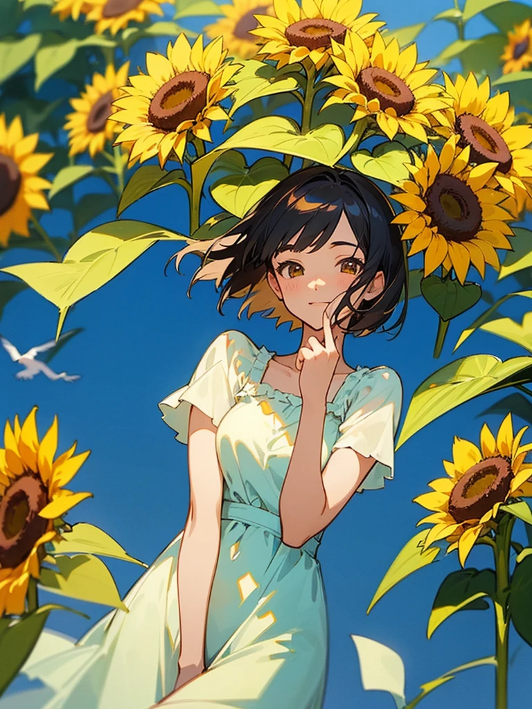 master piece, best quality, for below, cinematic angle, upper body , pigeon toed,
Anime-style Moe illustration, summer vacation theme, 20-year-old 4womans holding a bouquet of sunflowers, short hair,
Picnic Maxi Dress, slightly inner thighs, smile, accurate drawing, Active pose,