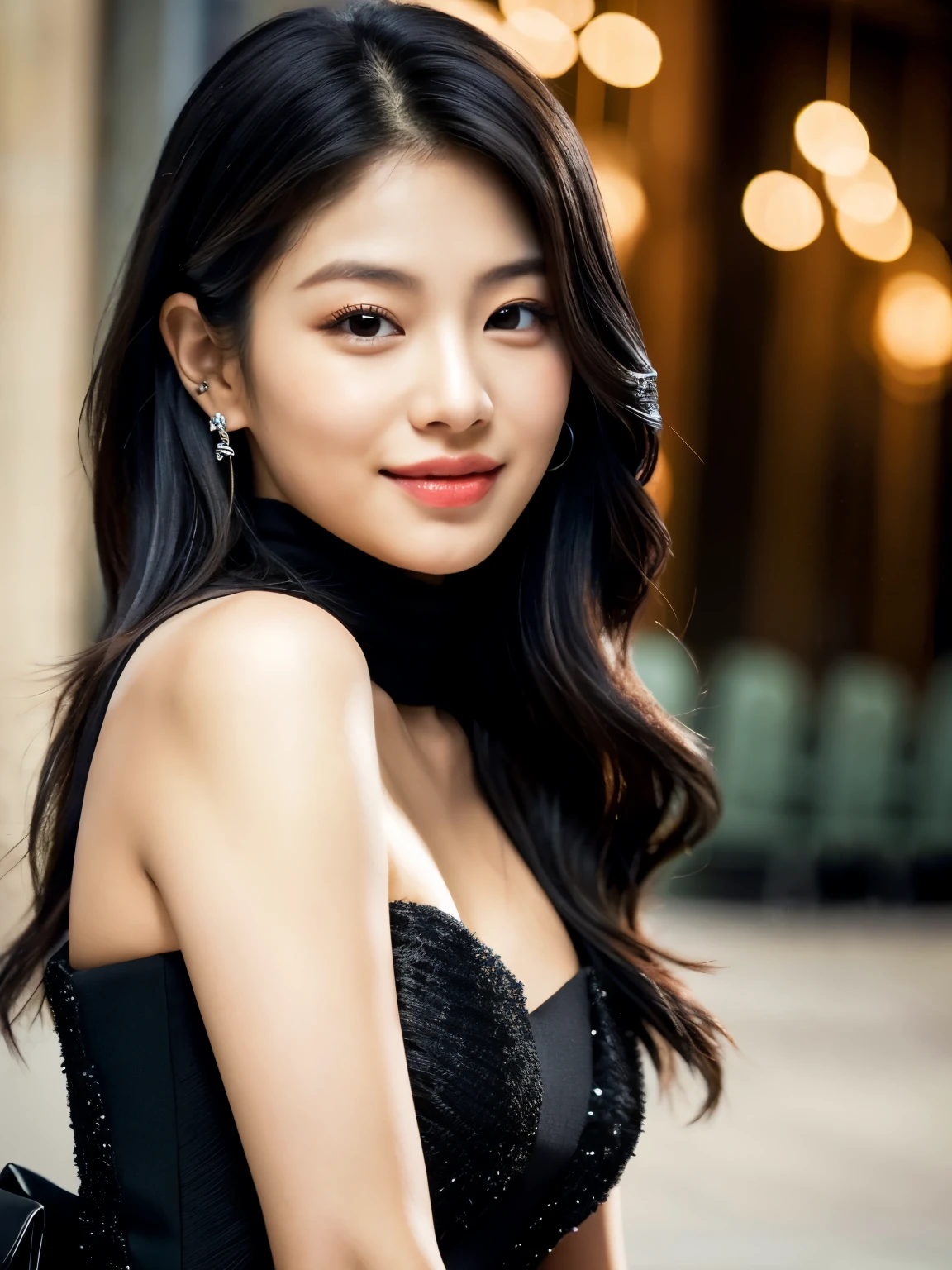 creates a photograph of a beautiful 22 year old woman, perfect silhouette, (full body:1.2), medium bust, (long hair: 1.2), highly detailed facial and skin texture, detailed eyes, double eyelid work, (black party dress:1. 3), sincere smile ((best quality, 8K, masterpiece :1. 3)), (sharp focus :1.2), perfect silhouette beautiful woman:1.4, 2), , (natural light, La rue de la ville:1.1), taken at a party