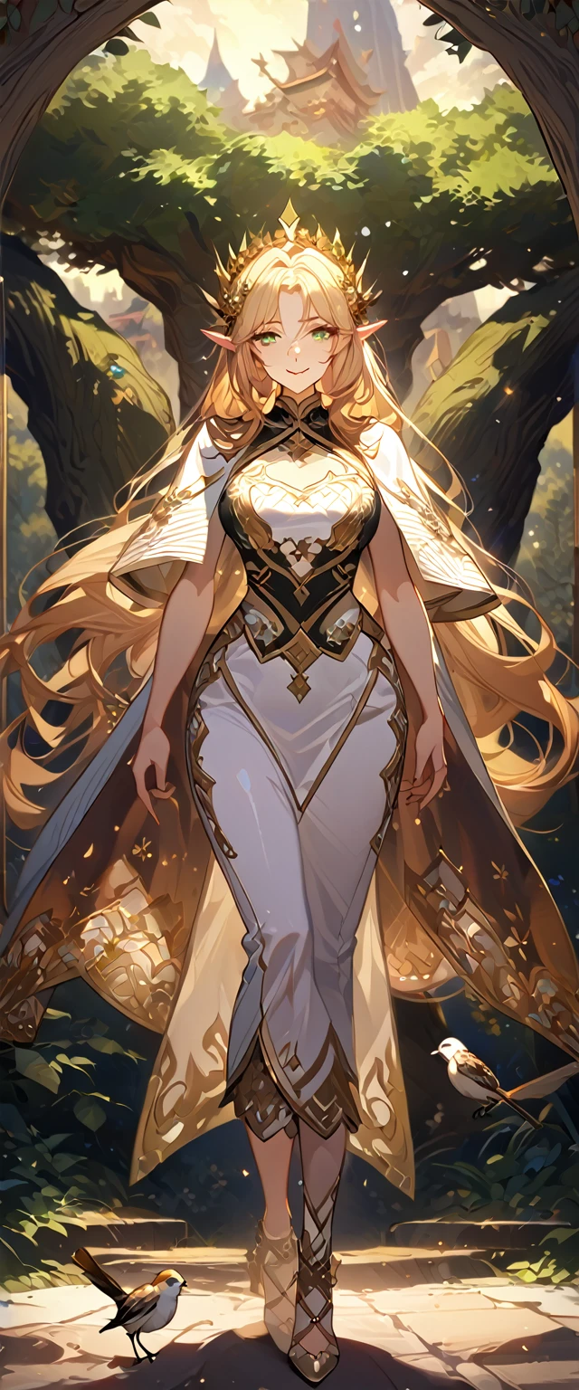 masterpiece, best quality, 8k ,4k , 1girl, elf queen, blond reddish hair, green eyes, big chest, gold wreath crown, hair ornament, finely detailed eyes and detailed face, looking at viewer, white sleeveless, Lace dress, patterned clothes, gold embroidery clothes, meticulous clothes, mature clothes, transparent cape with lace, majestic looks, smiling gently, small bird, full body, big tree background, inspired by Asukaziye artist : ask, art style : ask