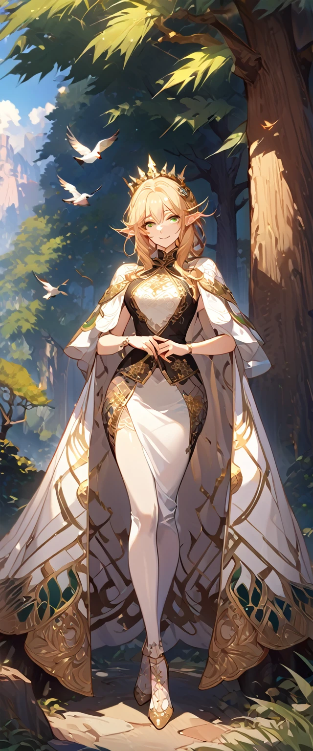 masterpiece, best quality, 8k ,4k , 1girl, elf queen, blond reddish hair, green eyes, big chest, gold wreath crown, hair ornament, finely detailed eyes and detailed face, looking at viewer, white sleeveless, Lace dress, patterned clothes, gold embroidery clothes, meticulous clothes, mature clothes, transparent cape with lace, majestic looks, smiling gently, small bird, full body, big tree background, inspired by Asukaziye artist : ask, art style : ask