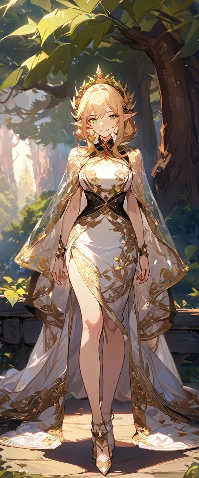 masterpiece, best quality, 8k ,4k , 1girl, elf queen, blond reddish hair, green eyes, big chest, gold wreath crown, hair ornament, finely detailed eyes and detailed face, looking at viewer, white sleeveless, Lace dress, patterned clothes, gold embroidery clothes, meticulous clothes, mature clothes, transparent cape with lace, majestic looks, smiling gently, small bird, full body, big tree background, inspired by Asukaziye artist : ask, art style : ask