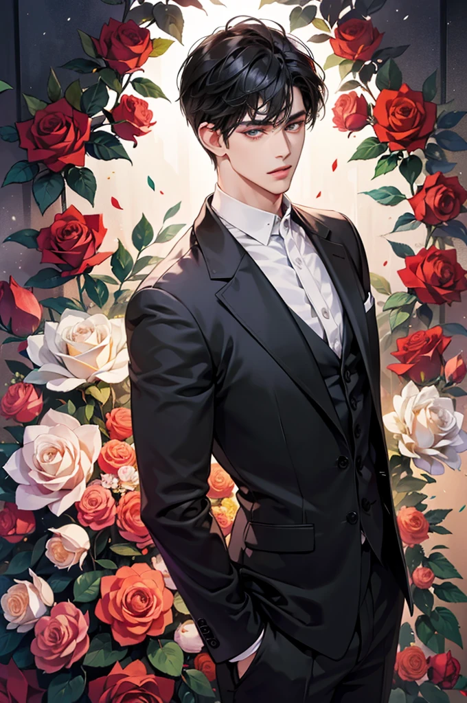 (high resolution, Ultra-detailed), 1 male, Adult, Very handsome,Delicate eyes and delicate face, Black hair, Very handsome, Suit,Flowers blooming light and shadow dream,Red rose,