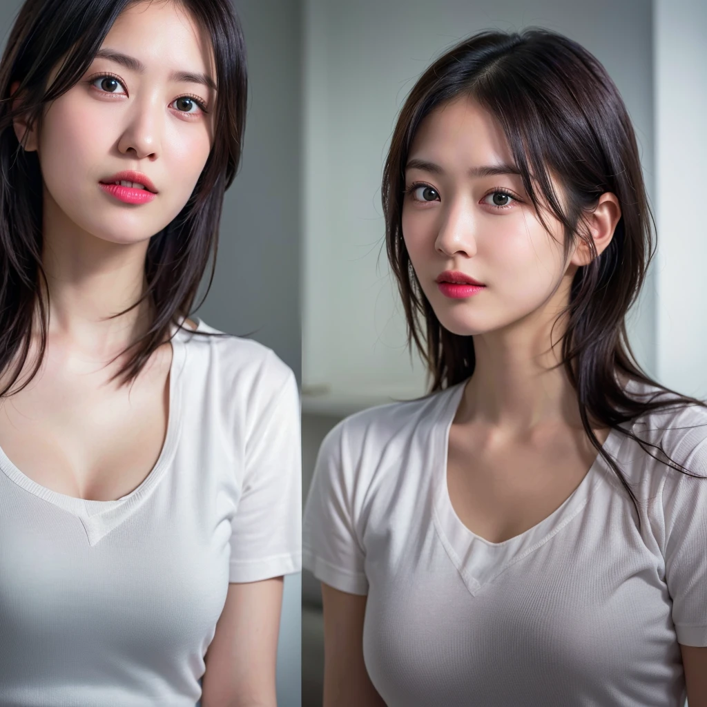Dressed, (photo Realistic:1.4), (hyper Realistic:1.4), (Realistic:1.3),
(Smoother lighting:1.05), (Improving the lighting quality of movies:0.9), 32K,
One girl,20 year old girl, Realistic lighting, Backlight, Light on the face, Ray-tracing, (Bright light:1.2), (Improvement of quality:1.4),
(Highest Quality Real Texture Skins:1.4), Detailed drawn eyes, Detailed painted face,
(tired and sleepy and joy), (smile:0), Face close-up, T-Shirts,
(Enhance the mood of your body line:1.1), (Enhances the beauty of skin texture:1.1),Fair skin,tall,Beautiful big breasts,Half Japanese and half Russian,Only one woman