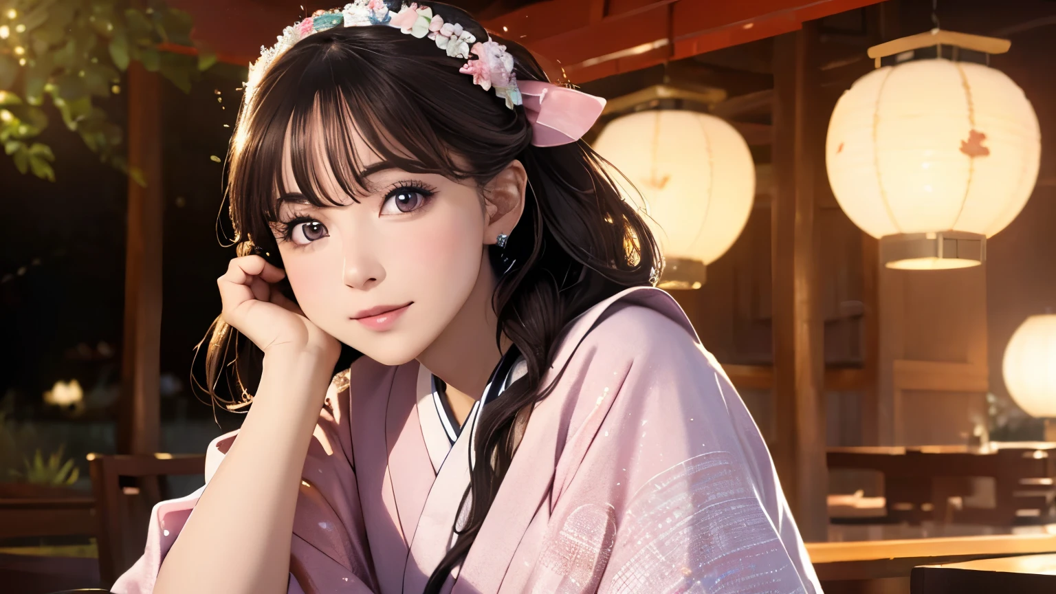 (Logo, masterpiece, 8K, table top, RAW photo, amazing, top quality, photorealistic and highly detailed CG composite 8K wallpaper, high quality, highly detailed, narrative poetry, particle effects, dynamic effects, depth of borders, cinematic light, lens flare, ray tracing), ( 1 beautiful woman in yukata, white yukata, light purple pattern), with black hair, high-resolution skin, very fine, fine-textured skin, beautiful face, real face, beautiful detail in eyes, real eyes, beautifully detailed eyes, real skin, beautiful skin, surreal, smiling eyes, Hair and Lights eyes, crisp, colourful lights and bokeh, plump lower lip, pink lips, Hair flutters in wind, hair bounces, great view, night, evening, wind, moon lights, moon lights, lights