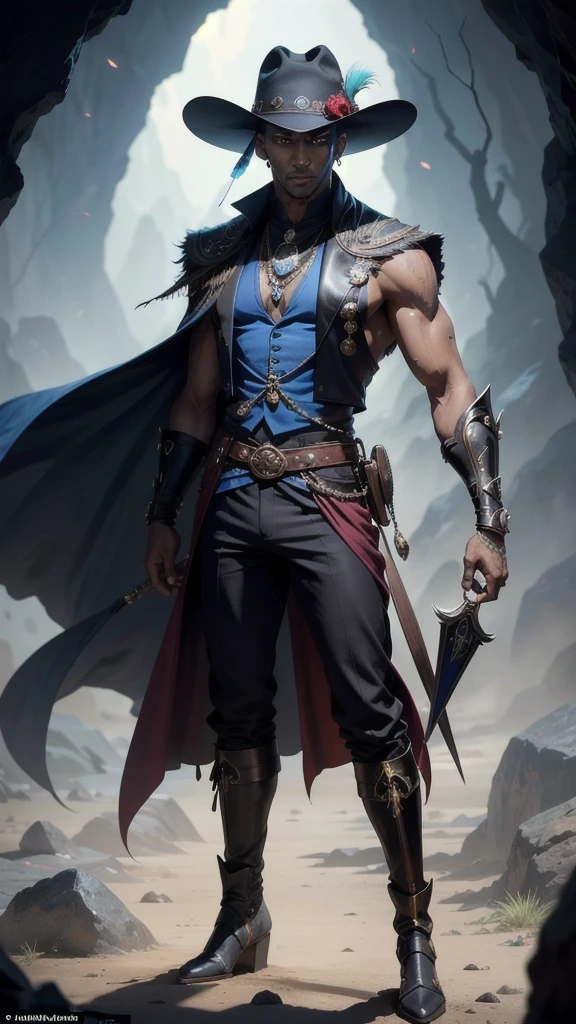 (wide Shot) a striking and charismatic male drow with bald head, flat ears and bluish jet black skin in a cave. He is slim, muscular and handsome. His red eyes are sharp and alert, a magical jeweled eye-patch hides his left eye. in his hand carries a large, flat, wide-brimmed hat with a striking, colorful emu feather that shimmers in all colors., .His clothing is colorful and extravagant and consists of a striking vest and trousers. He wears magical knee-high boots, a magical belt with a storage bag and two daggers in it. . His entire appearance is impressive.--ar 9:16 , -- Chaos 100.