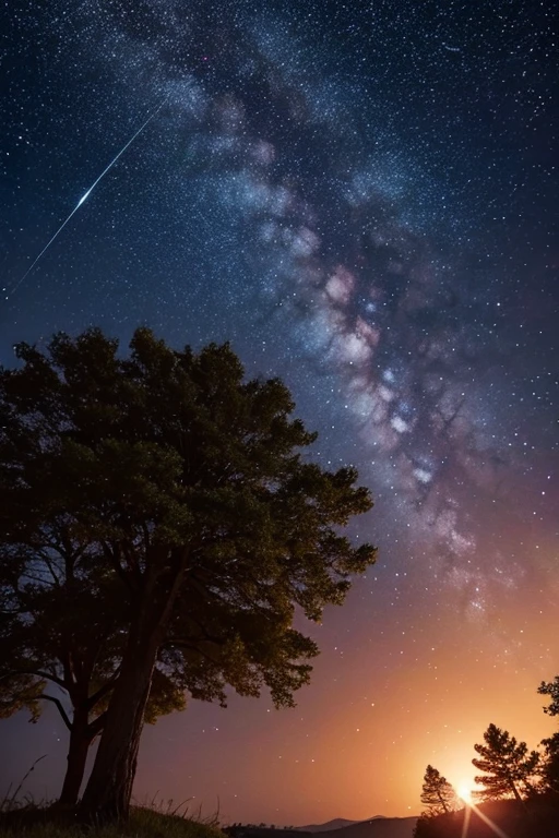 Fire flies around a tree. Skyies fill with stars.