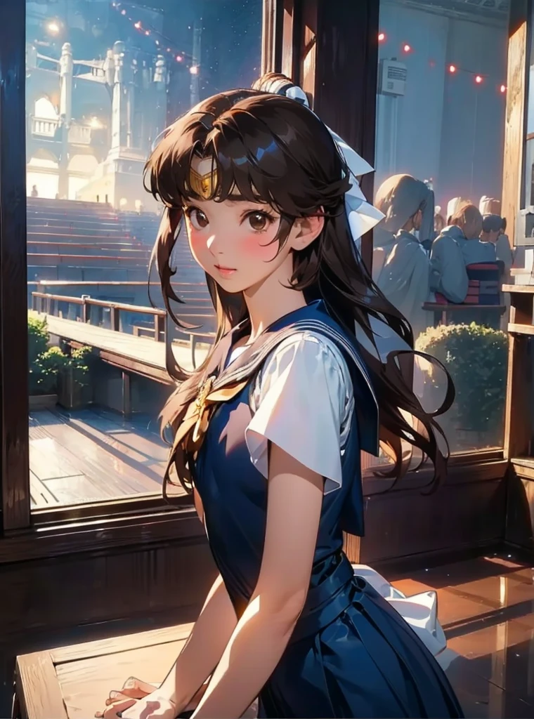 best quality, face focus, soft light, ultra high res, (photorealistic:1.4), RAW photo, 1japanese girl, 独奏, cute, (shy smile:0.5), (brown eyes, lights in the eyes), detailed beautiful face, (small chest),(high resolution detail of human skin texture), (short bob hair), BREAK, in classroom,navy school uniform, Vest, skirt long hair, Very long hair, 、Sailor Moon、Frills、race、ribbon、cute、Beauty、South Korea、Sparkle Effect, Castle、Princess、dress
