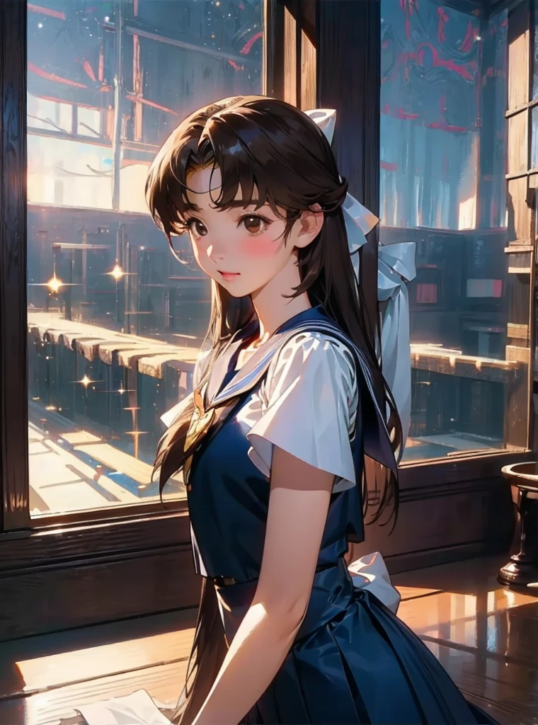 best quality, face focus, soft light, ultra high res, (photorealistic:1.4), RAW photo, 1japanese girl, 独奏, cute, (shy smile:0.5), (brown eyes, lights in the eyes), detailed beautiful face, (small chest),(high resolution detail of human skin texture), (short bob hair), BREAK, in classroom,navy school uniform, Vest, skirt long hair, Very long hair, 、Sailor Moon、Frills、race、ribbon、cute、Beauty、South Korea、Sparkle Effect, Castle、Princess、dress