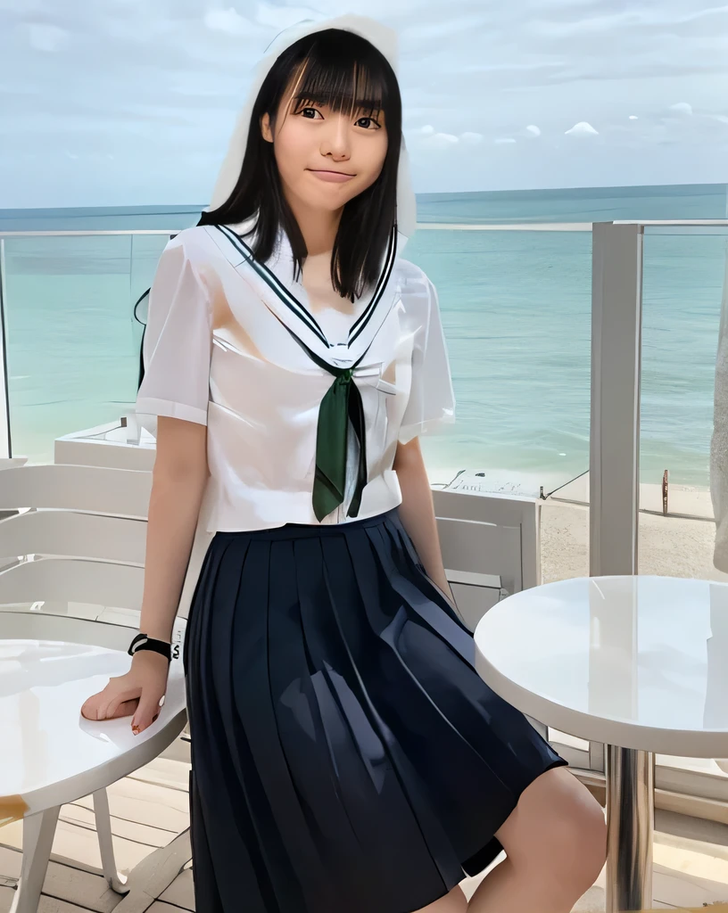 Super detailed,Highest quality,1 high school girl,,sitting in a seaside cafe,Sitting in a chair,She is wearing a white short-sleeved blouse and a black pleated mini skirt.,Short skirt,I can see her thighs,I can see the ocean in the distance,There is a coffee cup on the table in the cafe,Illuminated by the summer sun,Daytime sunlight,You can see the blue sky and the sea,Bracelet on arm,pink nail polish on fingers,Sitting with legs together,Beautiful legs,Wearing sneakers,Distant scenery is blurry