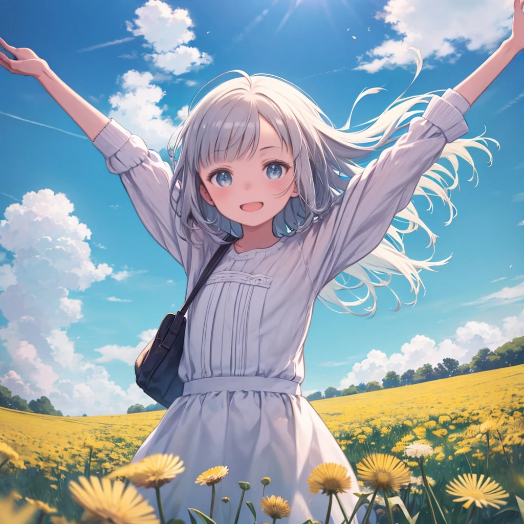 A girl standing on a meadow、A field full of dandelions、A lot of dandelion fluff is flying、Angle from below、laughing、Looking up at the sky、(((fluff)))、blue sky、Open your arms、Dancing in the Wind、Hair blowing in the wind、Upper Body、