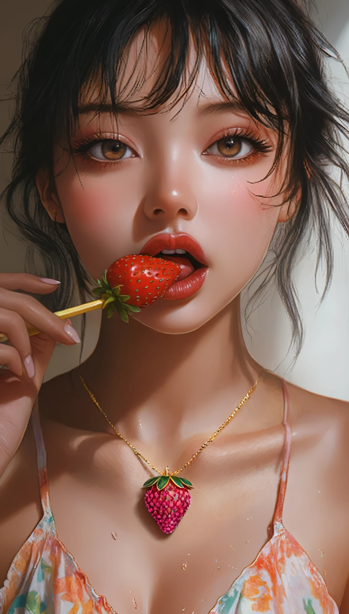 (a strawberry necklace, detailed jewelry, beautiful gems, intricate design, shimmering stones, delicate craftsmanship, elegant pendant, vibrant red berries, soft pink accents, glowing gemstones, luxurious accessory, photorealistic, 8k, high resolution, cinematic lighting, detailed texture, masterpiece, realistic)