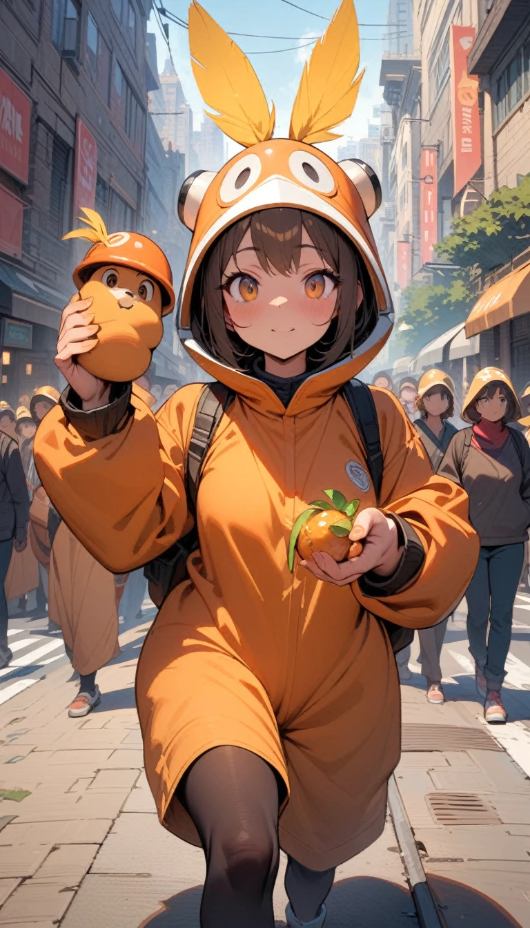 ((best quality)) , ((masterpiece)) , (detailed),A cartoon character, white and orange costume, helmet with a yellow feather headdress, holding food in his hands. Cityscape background, buildings, trees, people walking on the street.