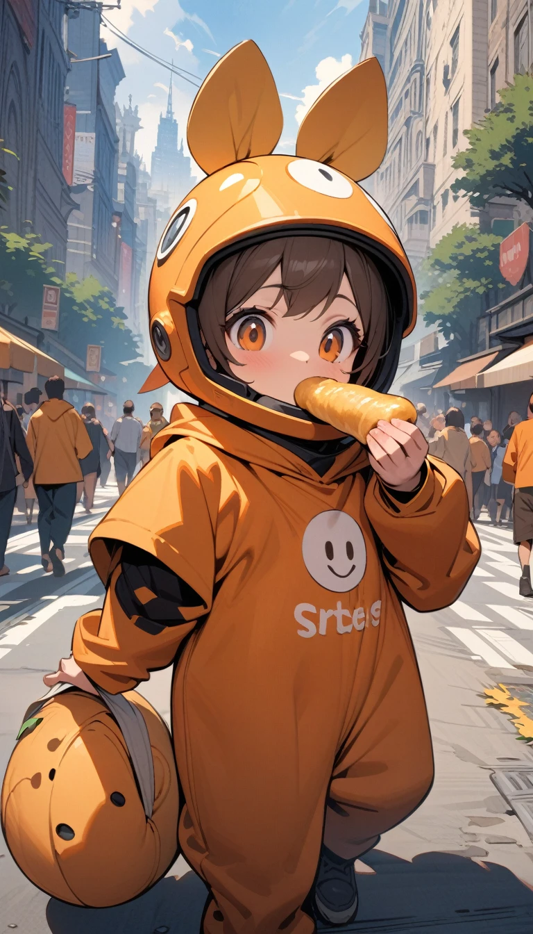 ((best quality)) , ((masterpiece)) , (detailed),A cartoon character, white and orange costume, helmet with a yellow feather headdress, holding food in his hands. Cityscape background, buildings, trees, people walking on the street.