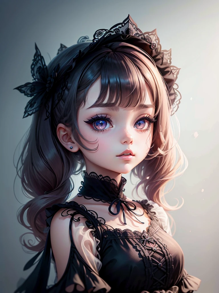 Beautiful Hardcore illustration homepage illustration style,exquisite facial features，The eyes are bright，chibiStyle，Dark,gothic barbie doll,Lolita skirt，delicate linework，3 Rendering