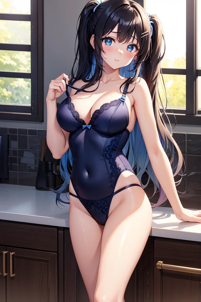 Anime girl in blue lingerie in the kitchen with sink and counter, ((masterpiece)), ((Best Quality)), 8K, detaileds, Ultra-detailed, Detailed and Intricicated, a girl in, big rounds breasts, in one's underwear only, navy blue lingerie, Staring at me shyly, dark brown hair, swept bangs, gradient bangs with blue tips, long hair, side ponytail, wavy hair, shiny hair, hairclip, aqua eyes, (gradient eyes:1.3), glowing eyes, pupils sparkling, blush, bright pupils, glossy lips, cute face, slim waist, shapely legs, beautiful thighs, whole body, anime CG style, high definition, natural light, high detail, anime, dithering, image fill, perspective, Wide-Angle, f/1.8, 85mm, Sony FE GM, 8k, 8k wallpaper, super detail, highly detailed CG, UHD, retina, masterpiece, accurate, anatomically correct, textured skin, highres, best quality:1.3, 16k