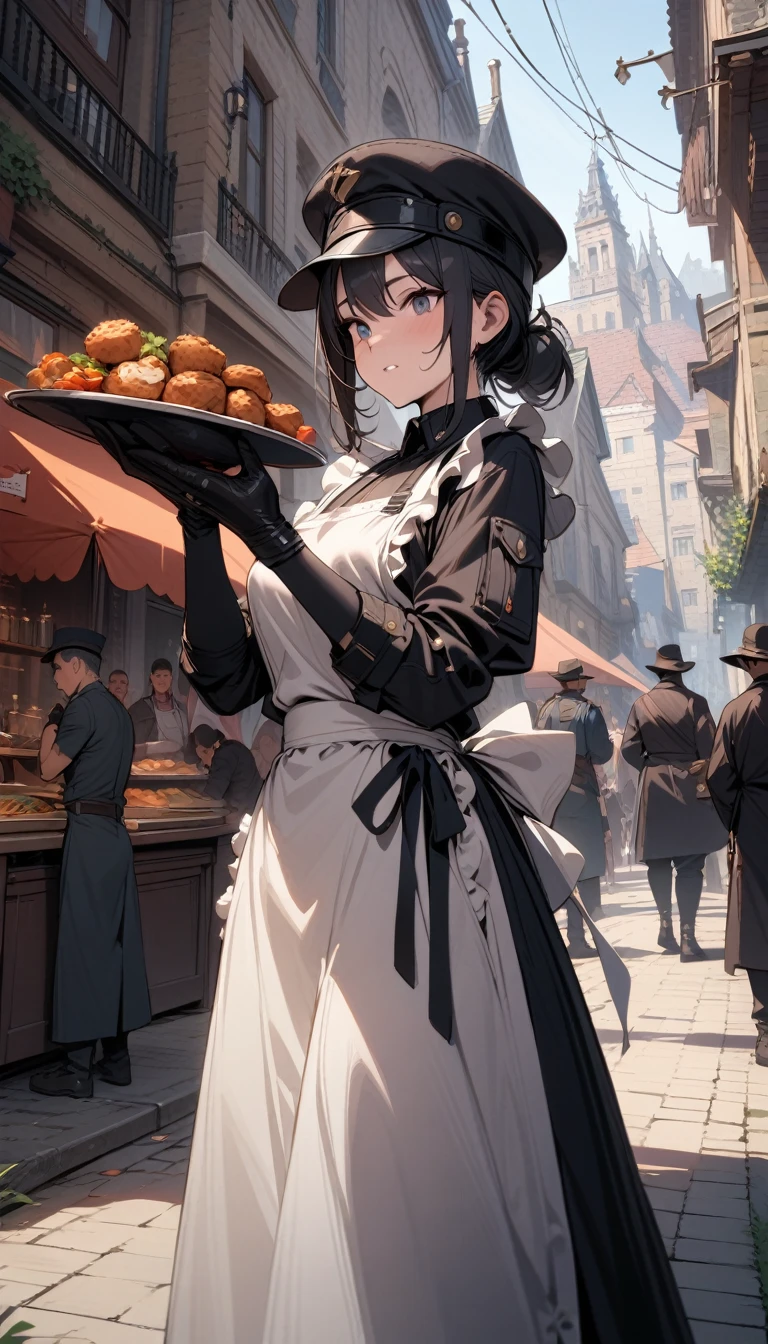 ((best quality)) , ((masterpiece)) , (detailed),gloves, hat, holding, weapon, outdoors, food, multiple boys, apron, building