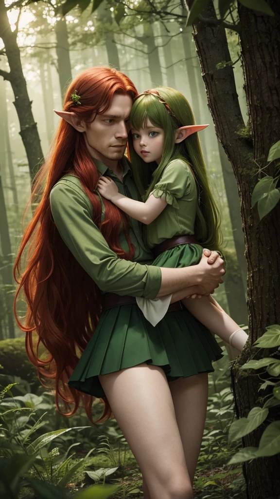 A forest fairy seeks protection from the storm.
She has long red hair and long pointed ears and wears a short skirt in green.
Her boyfriend holds her in his arms.
Both are beekeepers