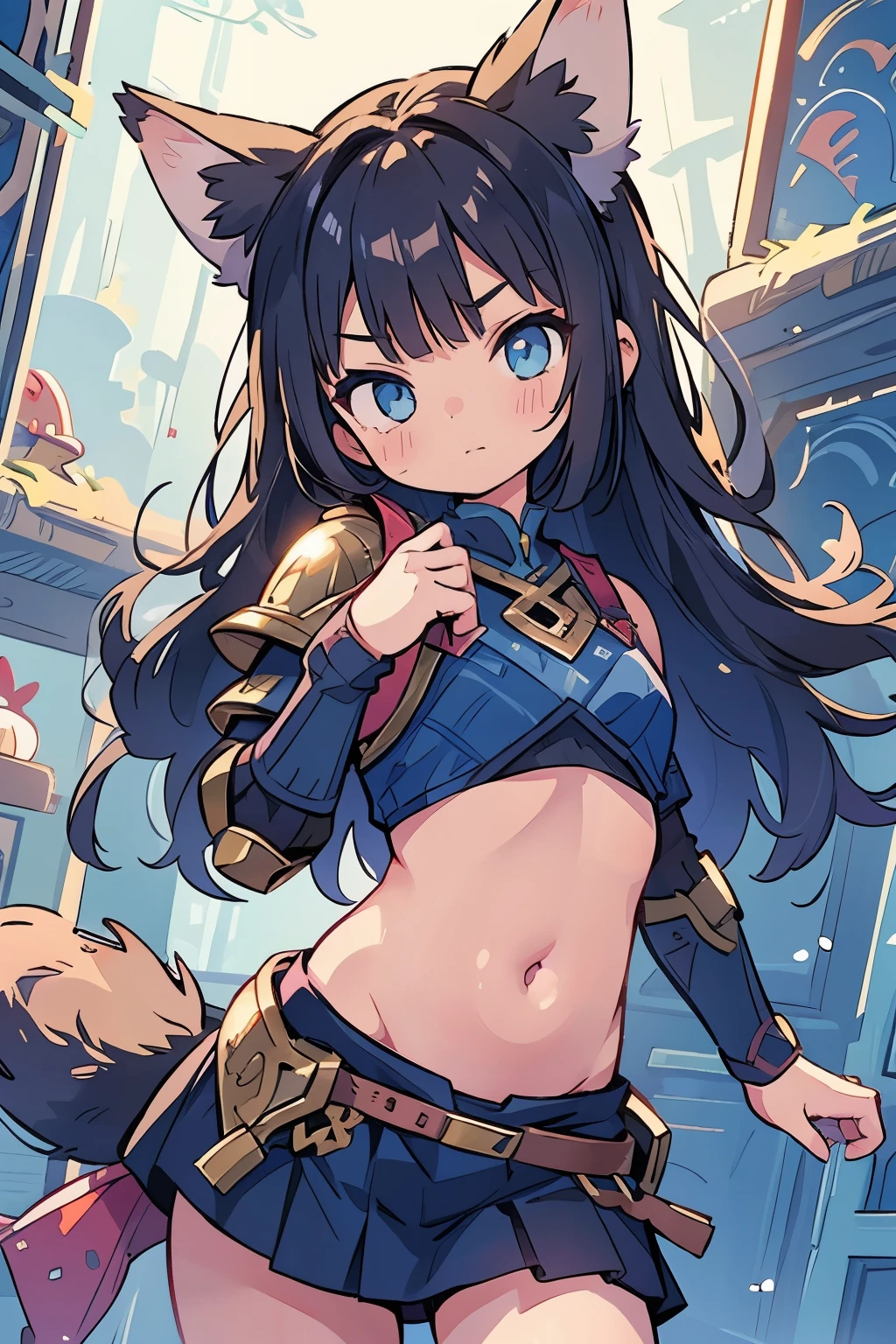 Teenage Girls、Young、child、belly button、stomach、Serious expression、Animal Ears、Tail of the beast、(Closed Mouth:1.1)、(Fantasy:1.2)、(armor:1.1)、skirt、Beautiful Eyes