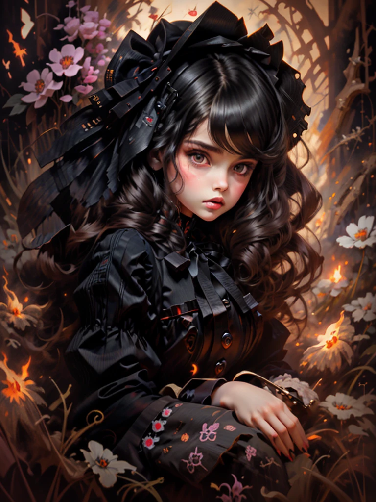 Beautiful Hardcore illustration homepage illustration style,exquisite facial features,The eyes are bright,chibiStyle,Dark,gothic barbie doll,ta skirt,delicate linework,3 Rendering