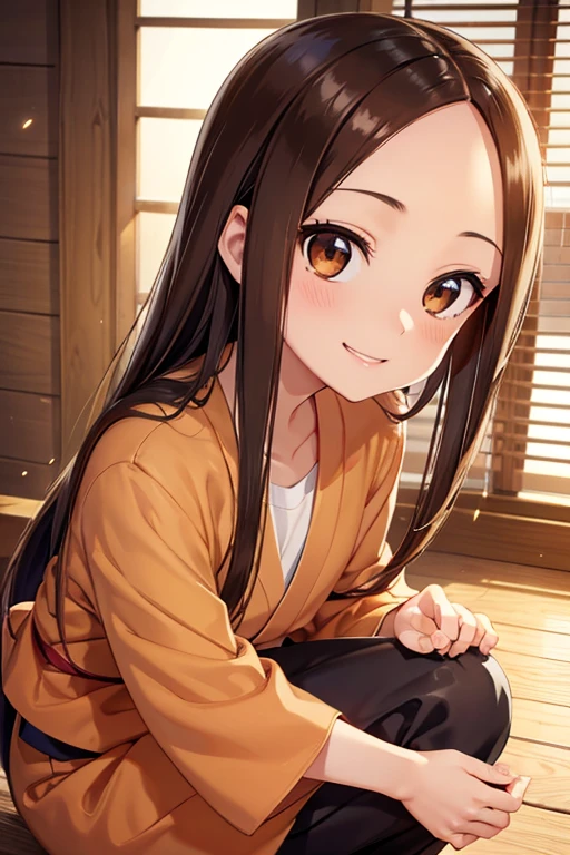 Takagi-san、Shiny brown hair, Straight Long Hair,((Medium chest、Forehead、Center part))、 Beautiful brown eyes、smile、Sparkling eyes, (fine grain)、Very fine eye、Highly detailed face, Highly detailed eyes, Cowboy Shot、 


Highest quality、masterpiece、High sensitivity、High resolution、Detailed Description、Sparkler、Squatting in a yukata、Wearing clogs、,  